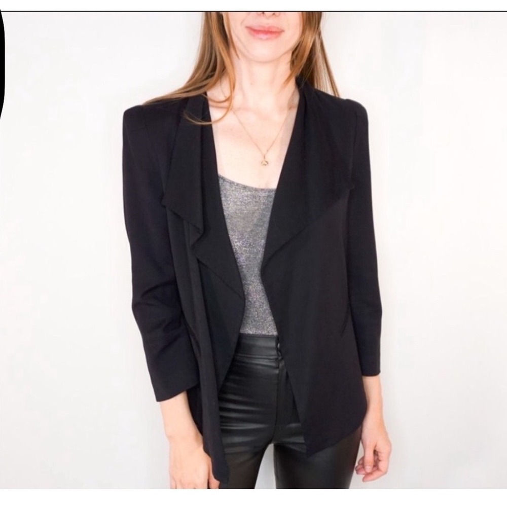 Whistles Black Draped Shawl Collar Open Front Cropped Blazer Jacket US 8 Chic
